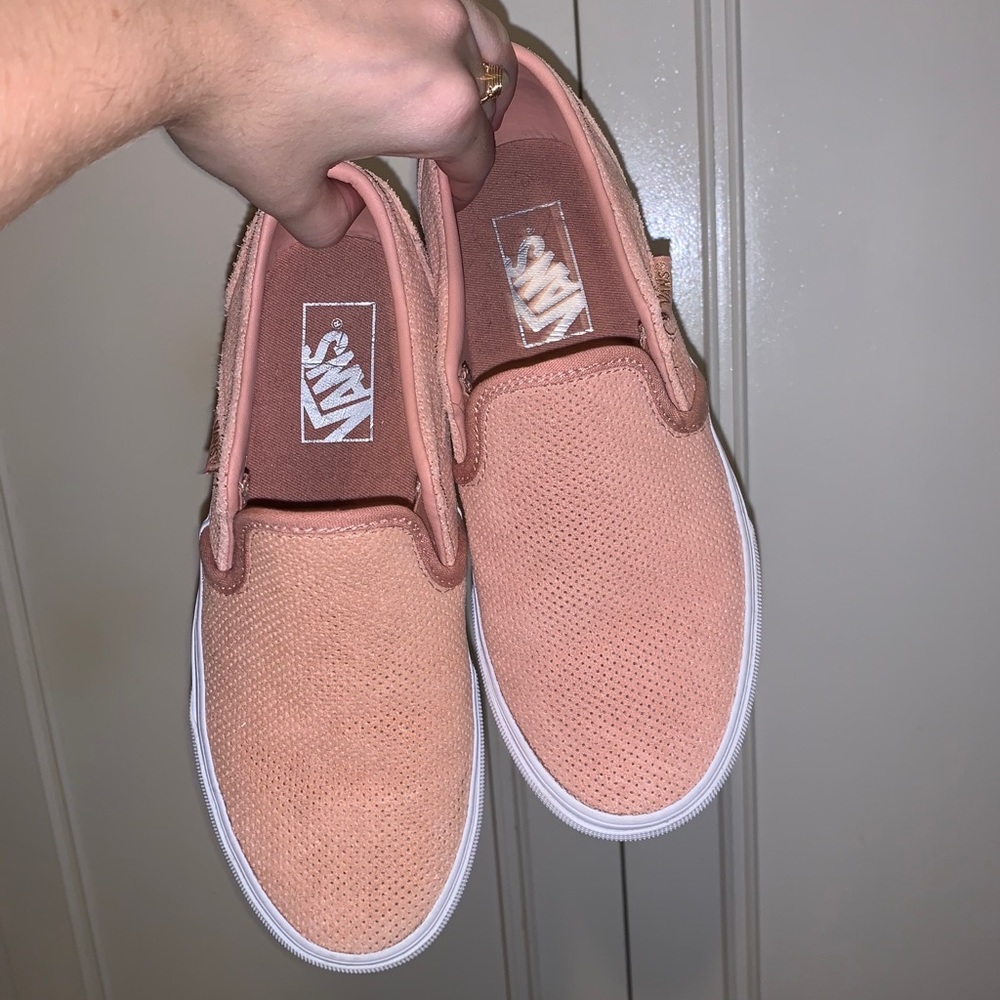 Peach suede slip on vans